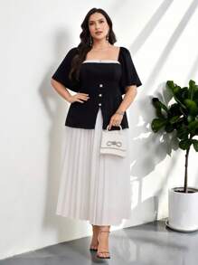 Modelyn Vestido de manga corta con cuello cuadrado de unicolor para tallas grandes, moda de verano - Blanco y Negro - Ver 4