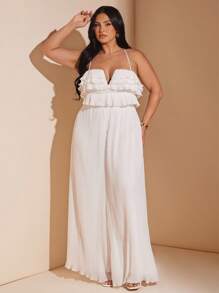 SHEIN BAE Tuta larga con volant a strati elegante, taglio ampio, con canottiera, per donna taglie forti, casual per uso quotidiano/spiaggia, primavera/estate vacanza