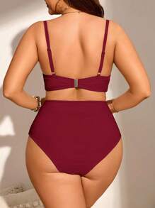 Swim Chiccia 大码女式两件套纯色加厚时尚简约分体泳衣套装 - 酒紅色 - 查看 2