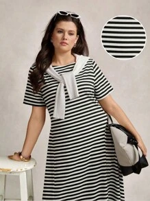 SHEIN LUNE 大码黑白条纹圆领短袖休闲T恤连衣裙夏季度假女沙滩度假装休闲连衣裙百搭春夏柔软舒适 - 黑與白 - 查看 7