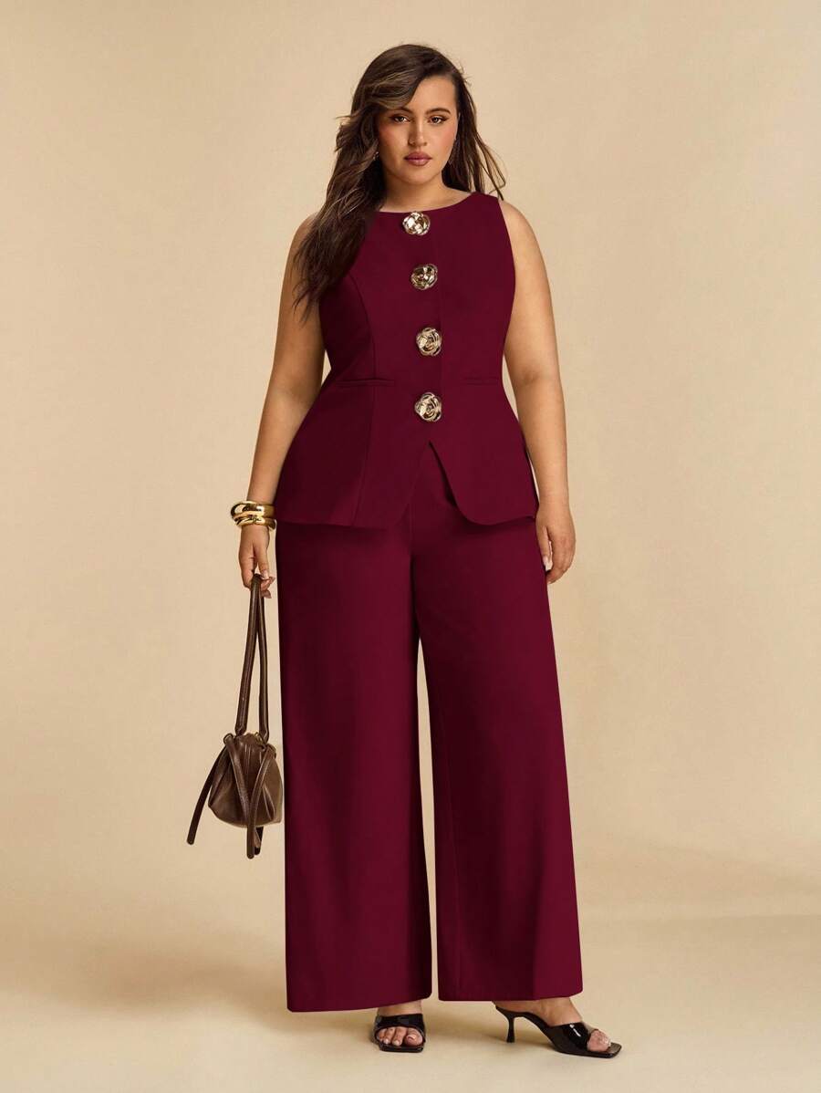 SHEIN BAE 大码女式金属花背心和阔腿裤优雅套装 - 酒紅色 - 查看 1