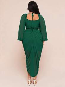 SHEIN BAE 加大码女式优雅派对约会性感亮片亮片垂坠领褶饰不对称下摆开衩长袖蕨绿色连衣裙 - 墨綠色 - 查看 2