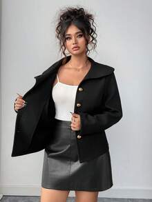 Elenzga Abrigo corto de lana de ajuste ceñido con broche de solapa y accesorios para mujer de talla grande