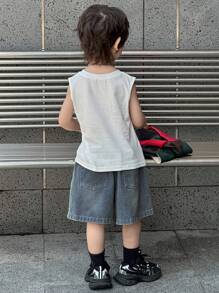Dazy Kids 两件套男童圆领纯色针织背心+做旧牛仔短裤套装，夏季 - 白色 - 查看 6