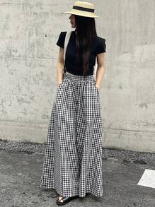 DAZY Spring And Summer Checked High Waist Wide Leg Pants With Elastic Waistband Plaid - Black - View 4