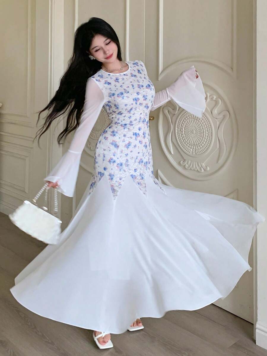 Modelyn 女式花卉印花蕾丝喇叭袖修身飘逸连衣裙,适合春夏季节修身 - 藍色 - 查看 1