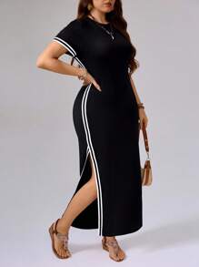 SHEIN Tall Women Plus Size Long Split Hem Dress, Spring/Summer Black And White Dress Women Black Dress With Slit Sporty Dress - Black - View 1