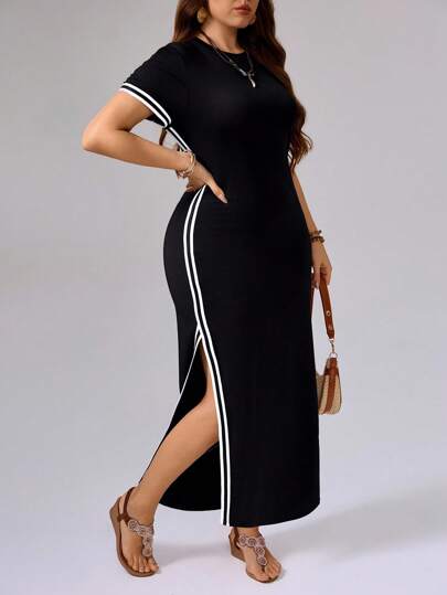 SHEIN Tall Lång klänning med slitsad fåll för kvinnor, vår/sommar, plusstorlek