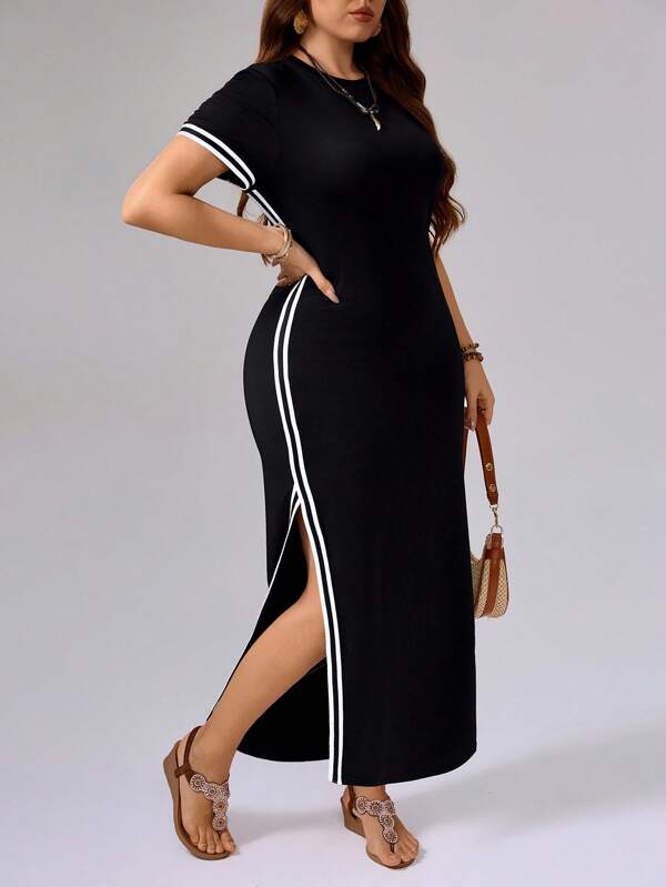 SHEIN Tall Women Plus Size Long Split Hem Dress, Spring/Summer Black And White Dress Women Black Dress With Slit Sporty Dress