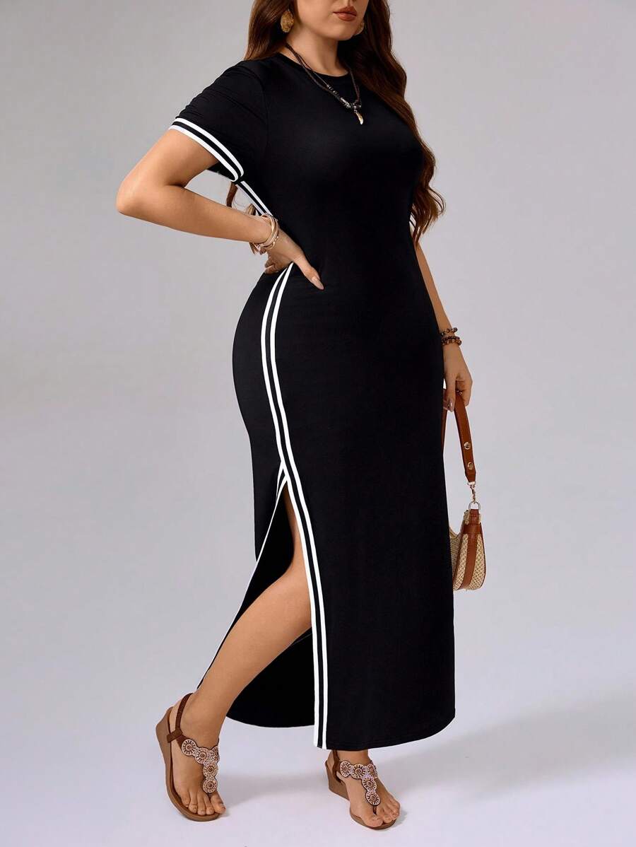 SHEIN Tall Women Plus Size Long Split Hem Dress, Spring/Summer Black And White Dress Women Black Dress With Slit Sporty Dress - Black - View 1