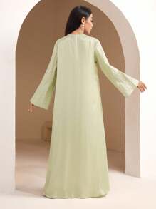 Veilorie Áo choàng Abaya Ả Rập rộng rãi hở phía trước thêu lá thanh lịch cho nữ - Màu xanh Bạc hà - Xem 7