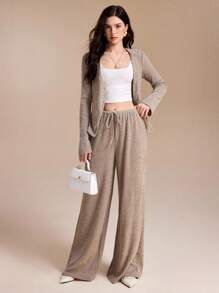 Spring Affair Loose Solid Color Rib Knit Drawstring Wide Leg Jersey Stretchy Pants, Airport Street Wear, Fall