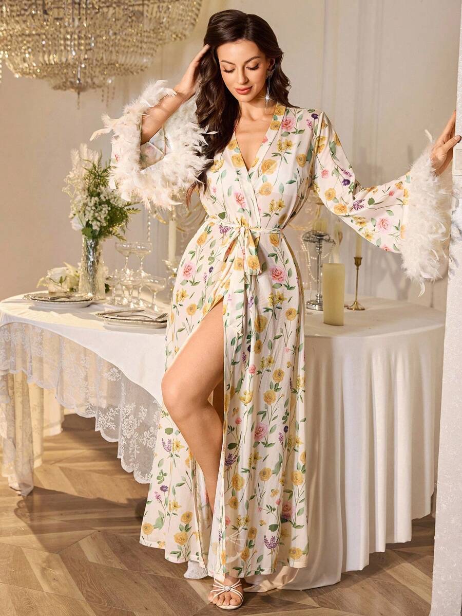SHEIN 女士奢华羽毛装饰宽袖多色玫瑰印花网眼超长睡袍花卉睡袍女士睡衣裙夏季睡袍长款睡袍羽毛装饰睡袍 - 彩色 - 查看 1
