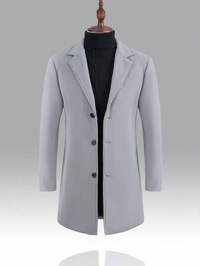 Manfinity Mode Men Solid Color Lapel Neck Single-Breasted Casual Woolen Coat Men Long Coat Men Coat Wedding Jacket For Men Men Winter Coat Cashmere Men S Clothing Men S Church Clothes Grey Jacket