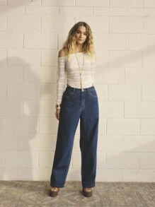 Aralina 女式直筒宽松休闲口袋牛仔裤，百搭 - 深色水洗藍 - 查看 6