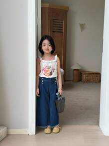 年轻女孩休闲百搭日常百搭纽扣前部细节松紧腰毛边阔腿牛仔裤 - 深色水洗藍 - 查看 8