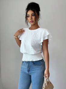 Selianne 夏季休闲度假白色提花圆领T恤 - 白色 - 查看 7