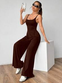 Flirla Petite Women's Simple Solid Color Hollow Back Jumpsuit, Summer - Coffee Brown - View 5