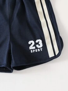 SHEIN Playful Pals 2 件套女婴休闲海军蓝 T 恤和海军蓝短裤套装，正面印花 #23 和“SPORT”，柔软舒适材质，适合夏季室内外穿着 - 藏蓝色 - 查看 4