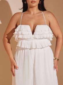 SHEIN BAE Tuta larga con volant a strati elegante, taglio ampio, con canottiera, per donna taglie forti, casual per uso quotidiano/spiaggia, primavera/estate vacanza