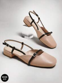 SHUZIA 宽版女士时尚日常百搭后绑带高跟鞋 - 米色 - 查看 4