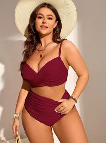 Swim Chiccia 大码女式两件套纯色加厚时尚简约分体泳衣套装 - 酒紅色 - 查看 5