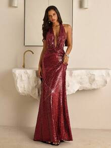 Vowa 时尚、性感、前卫、网眼、闪亮、红色、亮片面料、露背、深 V 领、褶饰、适合夜总会、派对、海滩、度假、鸡尾酒会礼服 - 紅色 - 查看 4