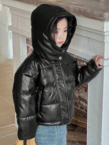 Dazy Kids Young Girl Plain Pocket Hooded Winter Long Sleeve Padded Coat Leather Jacket - Black - View 7