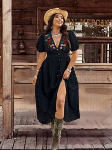 SHEIN LUNE Plus Size Casual Floral Embroidered Dress For Vacation - Black - View 4