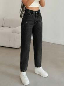 EURMUSE WOMEN HIGH WAIST MOM JEAN WITH BACK LABEL DETAIL CASUAL - Hitam - View 4