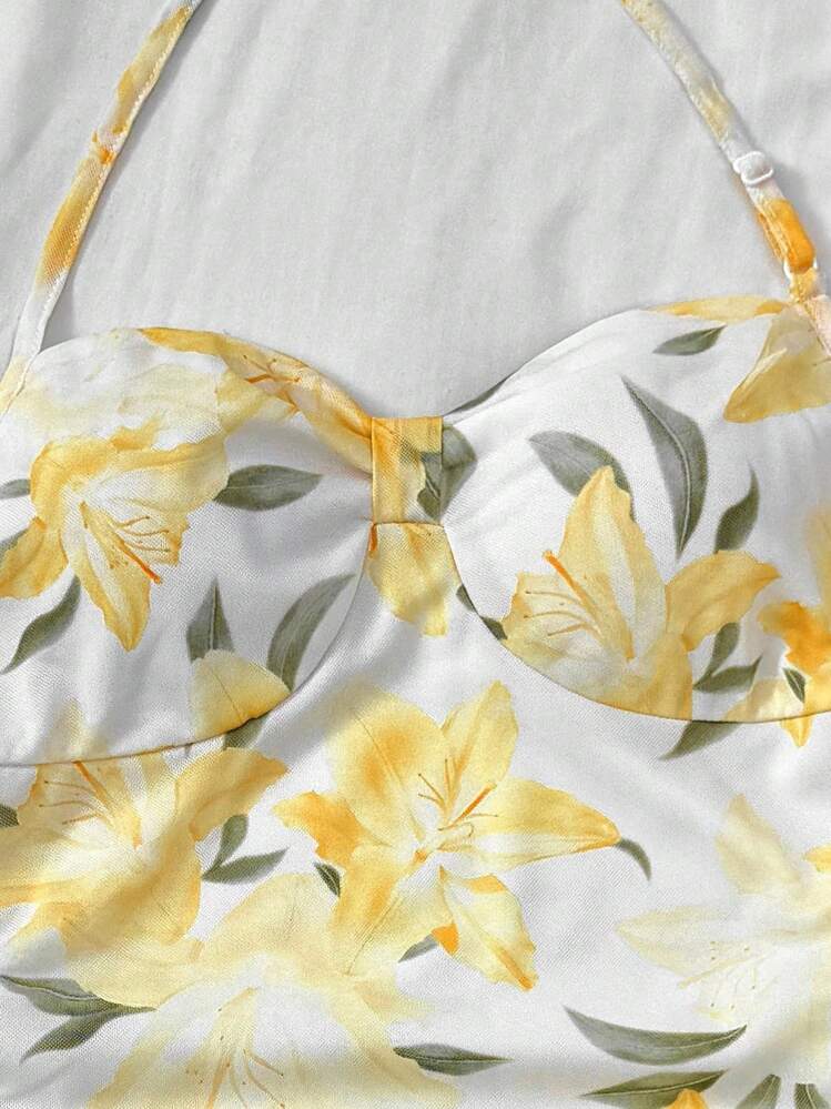 SHEIN 少女蓝色度假连衣裙，休闲度假风格，胸前有褶皱，露背领带，侧面有褶皱，蓝白印花连衣裙 - 黃色 - 查看 5