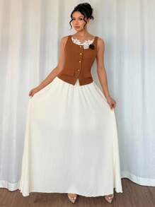 Franclia 2pcs/Set Ruffle Trim Fitted Sleeveless Tank Top And Floral Embroidery Mini Skirt, Casual Outfit - Brown - View 6