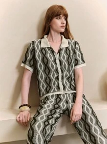 Arave Conjunto de 2 piezas para mujer: pantalones de jacquard en forma de rombo y cárdigan