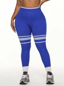 SHEIN Sports Plus-Size Women's Seamless Royal Blue Sports Leggings With White Stripes-Perfect For Yoga, Daily Wear, Casual, And Fitness Styles. - Blue - View 2