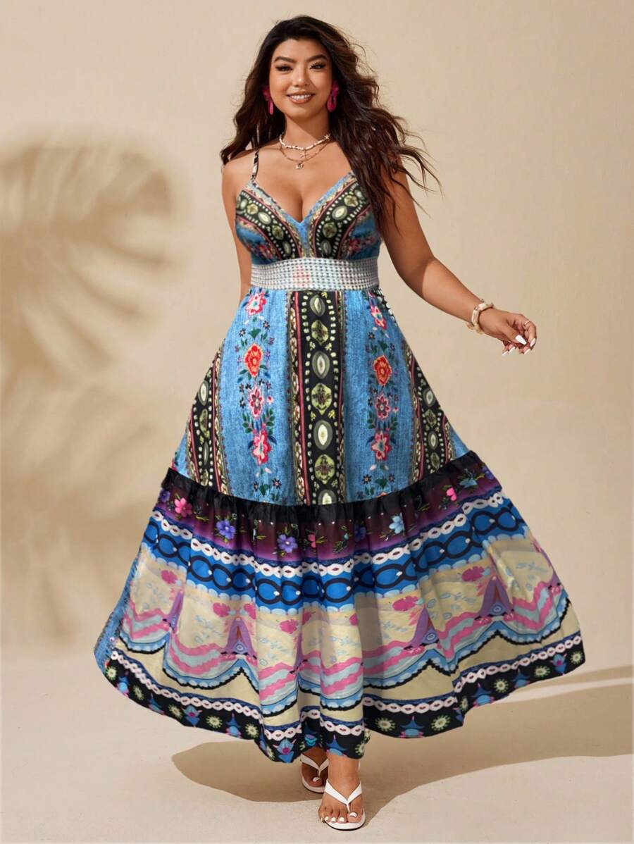 Breezaya Robe longue de style bohème pour femmes grande taille avec motif floral de style Ditsy et patchwork. Ample et affinante, robe d'été à fines bretelles pour les vacances à la plage