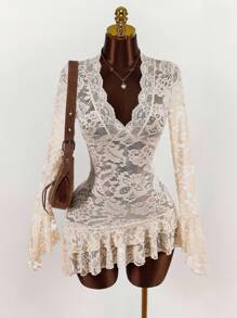 Amplova Summer Hippie Sheer Low-Cut Mini Dress For Women,Boho Clothes Women