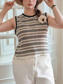 SHEIN LUNE Plus Size Color Block Stripe Tassel Hem Knit Vest School Clothes - Black and White - View 5