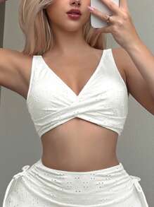 Swim Mod Women's Summer Beach Casual Crisscross Front Knitted Jacquard Fabric Swimwear Top