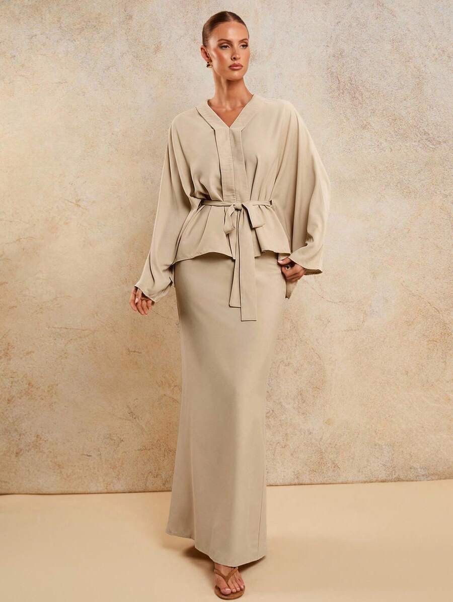 COSMINA 2pcs/Set Women Elegant Belted Long Dress For Early Autumn