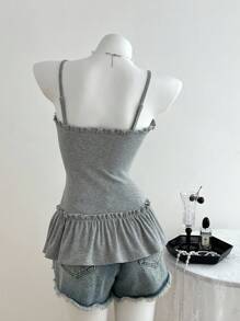 Elamini 女士夏季休闲纯色褶饰胸围荷叶边修身吊带背心 - 灰色 - 查看 2