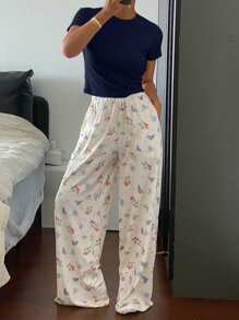 DAZY 2件套女士水果印花宽松裤+纯色短袖睡衣套装睡衣 - 藏蓝色 - 查看 5
