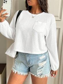 SHEIN EZwear Camiseta de manga larga de talla grande, casual y sencilla, de tejido tipo waffle a cuadros, para otoño/invierno - Beis - Ver 3