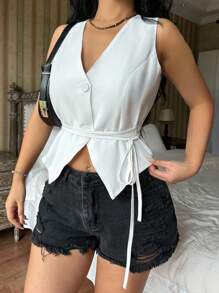 Chiquease Button Front Belted Vest Jacket - White - View 1