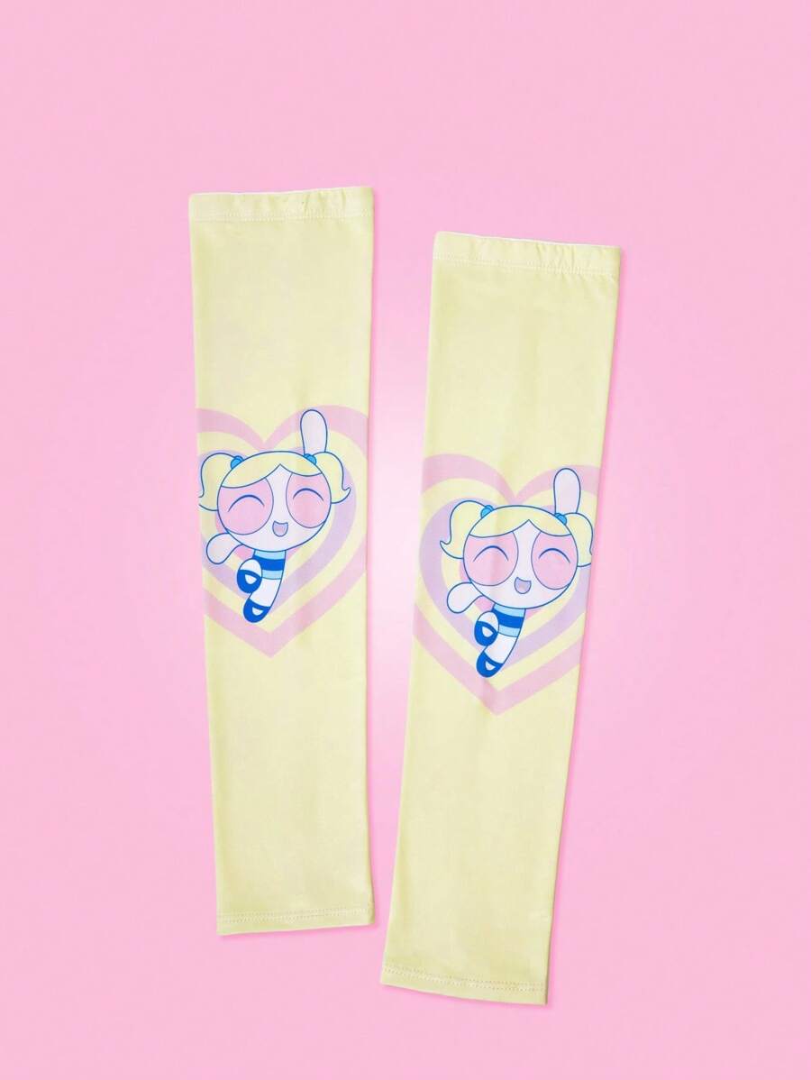 THE POWERPUFF GIRLS X SHEIN 1 Cặp Tay Áo Họa Tiết Trái Tim & Bong Bóng Màu Vàng - Màu vàng - Xem 1