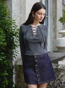 lacRébo Washed Black Rib Knit Cotton Fitted Top With Lace-Up Front Detail Fall Women Clothes Back To School Top Autumn Winter