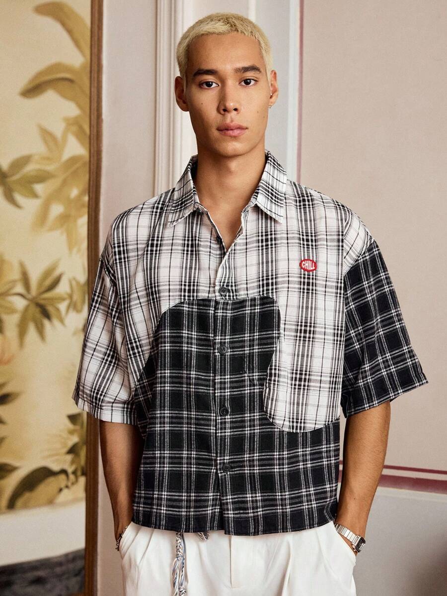 SWAVVY 男式标准尺码不对称拼布短款短袖衬衫，学校 - 白色 - 查看 1