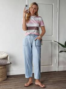 EMERY ROSE Women's Belted Pocket Casual Wide Leg Tapered Jeans