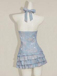 SHEIN ICON Women's Cashew Embroidery Halter Neck Tank Top And Low Waist Mini Skirt Set, Summer Fall Women Clothes - Brown - View 2