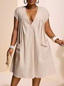 2025新款夏季休闲简约宽松V领休闲卡其色箱型纯色口袋短袖连衣裙 - 卡其色 - 查看 7
