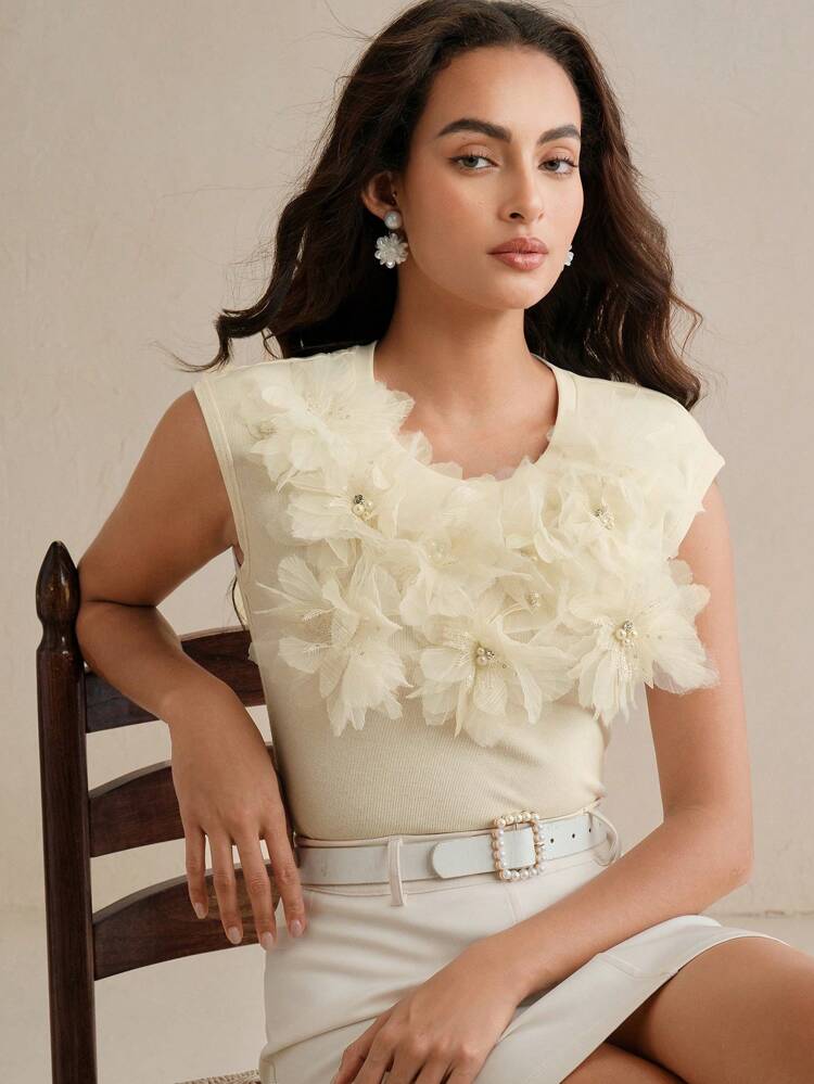 2025 New Summer 3D Floral Short Sleeve Knit Camisole Tops For Women